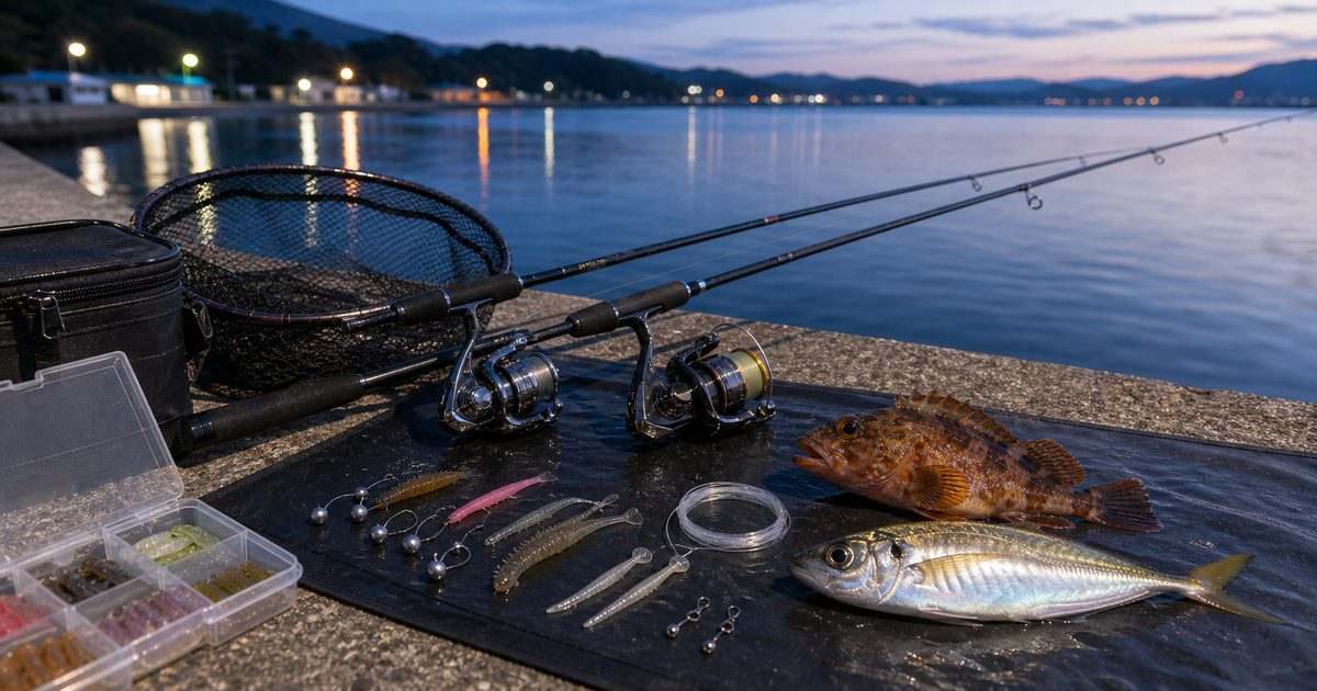 春の浜名湖でライトゲームタックルを準備する釣り風景