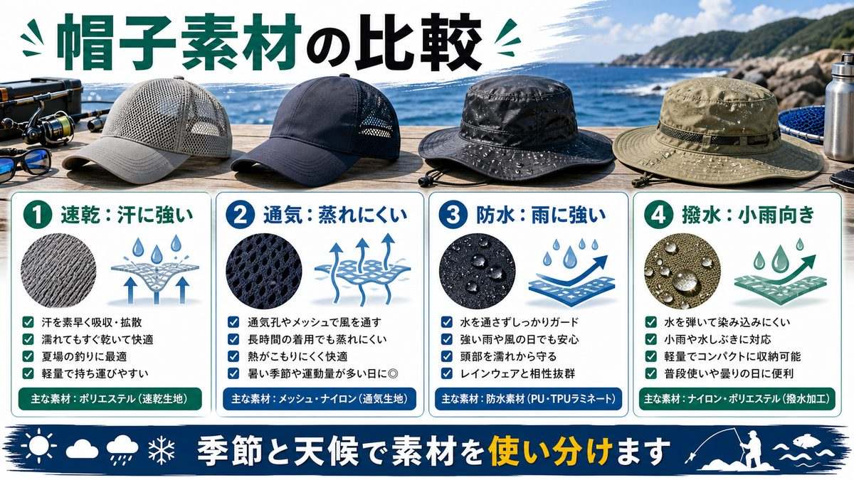 4. 素材別の特性比較|速乾・通気・防水・撥水の違いの要点をまとめた釣り攻略インフォグラフィック