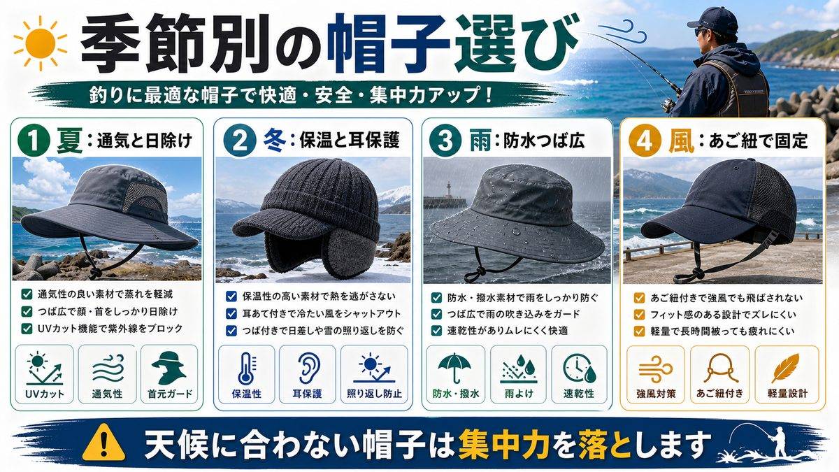 5. シーズン別帽子選び|夏・冬・雨天時の最適な帽子の要点をまとめた釣り攻略インフォグラフィック