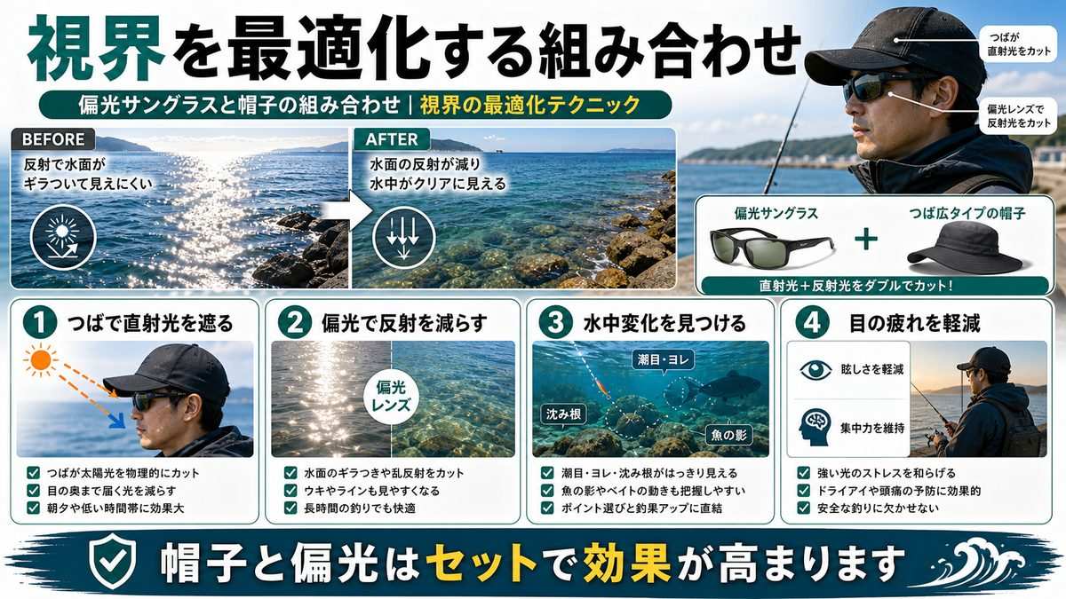 8. 偏光サングラスと帽子の組み合わせ|視界の最適化テクニックの要点をまとめた釣り攻略インフォグラフィック