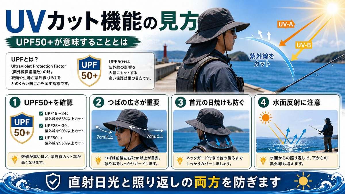 3. UVカット機能の見方|UPF50+が意味することとはの要点をまとめた釣り攻略インフォグラフィック