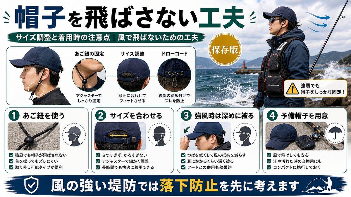 7. サイズ調整と着用時の注意点|風で飛ばないための工夫の要点をまとめた釣り攻略インフォグラフィック