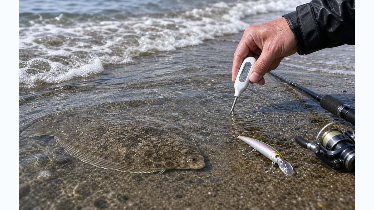 【水温別】ヒラメの行動パターンと釣り方の変え方の要点をまとめた釣り攻略インフォグラフィック