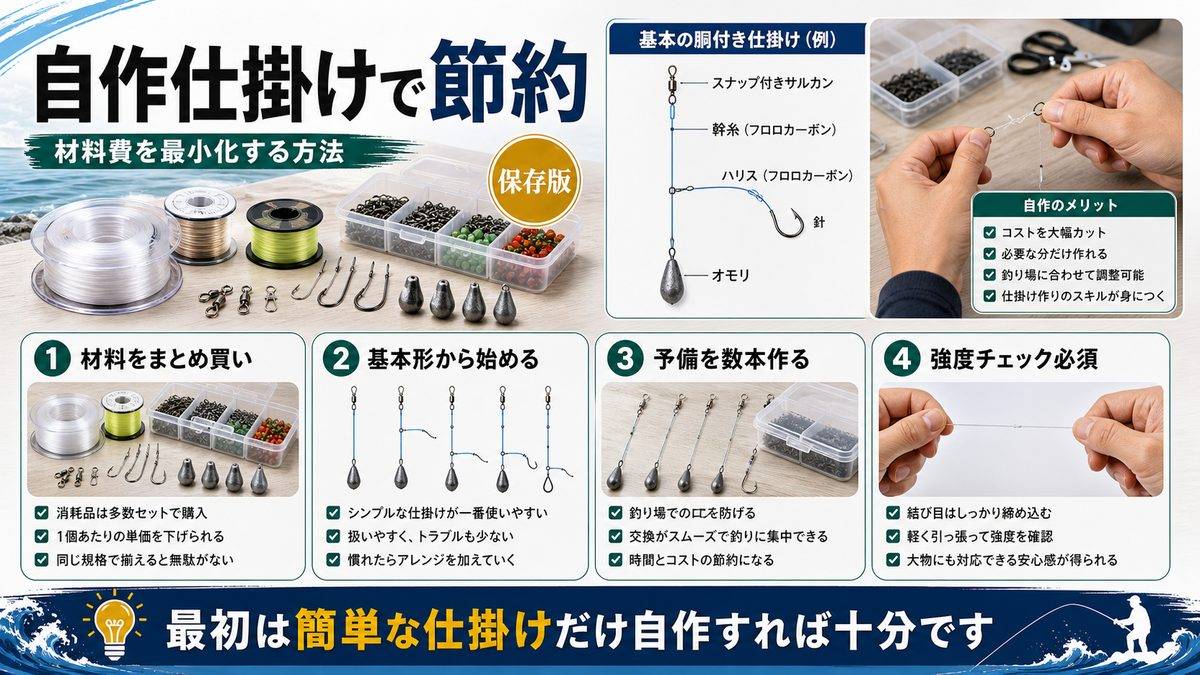 自作仕掛けで大幅節約|材料費を最小化する方法の要点をまとめた釣り攻略インフォグラフィック