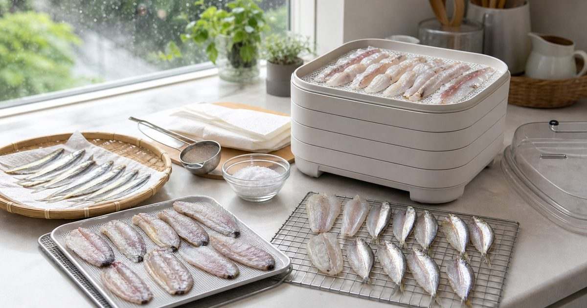 フードドライヤーで魚の干物を作る実写風アイキャッチ