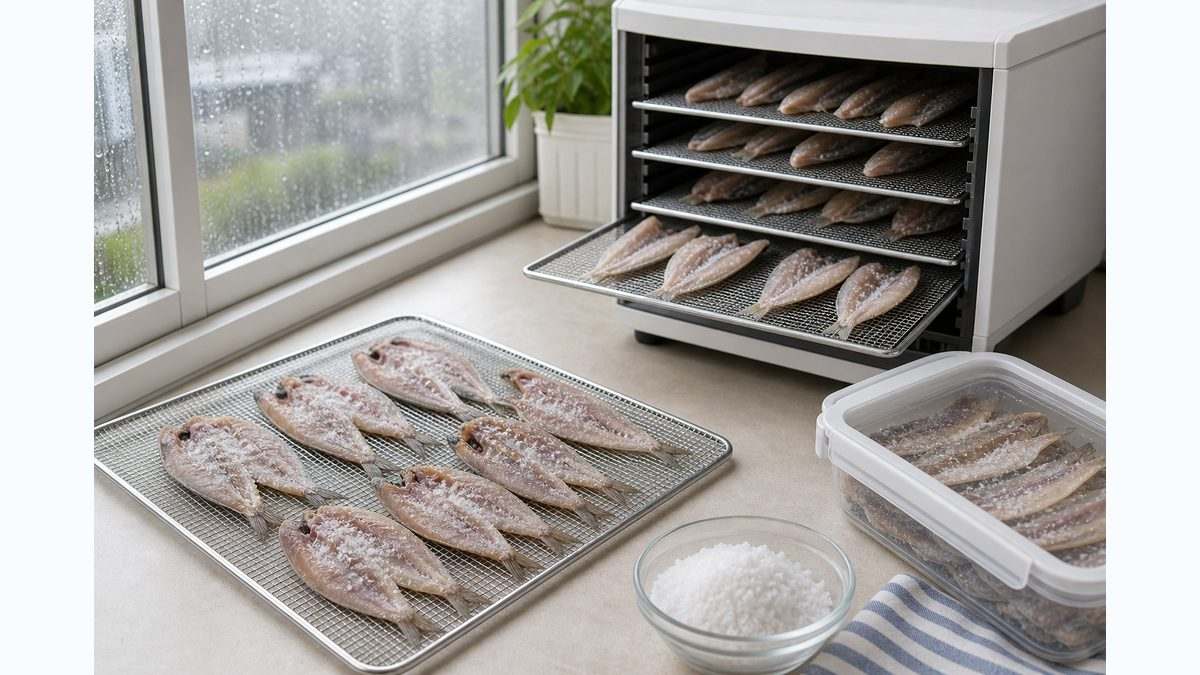 雨の日でも室内で魚の干物を仕込むイメージ