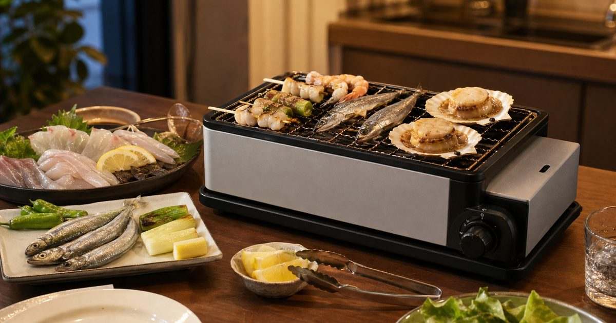無印の卓上グリルで魚介を焼く実写風アイキャッチ