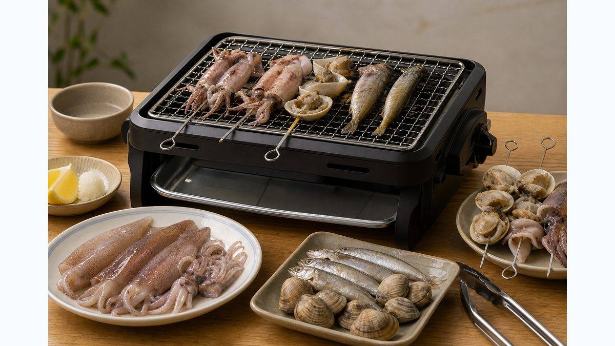 無印の卓上グリルで魚介を焼く準備イメージ