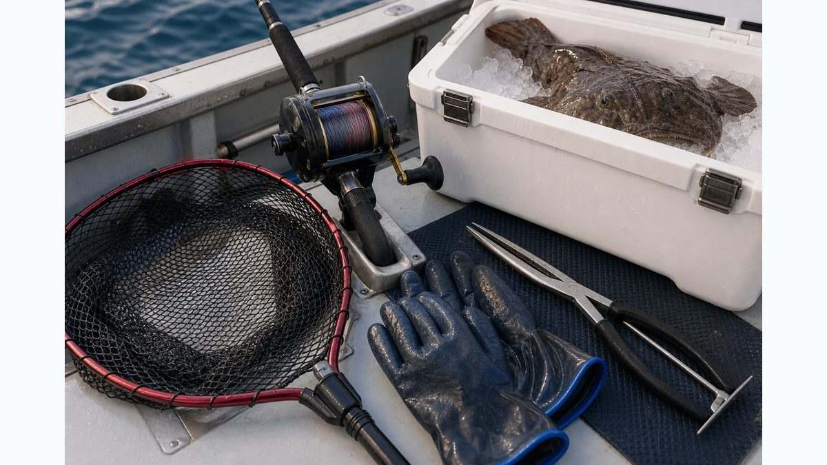 アンコウを釣った時に役立つ道具を並べたイメージ