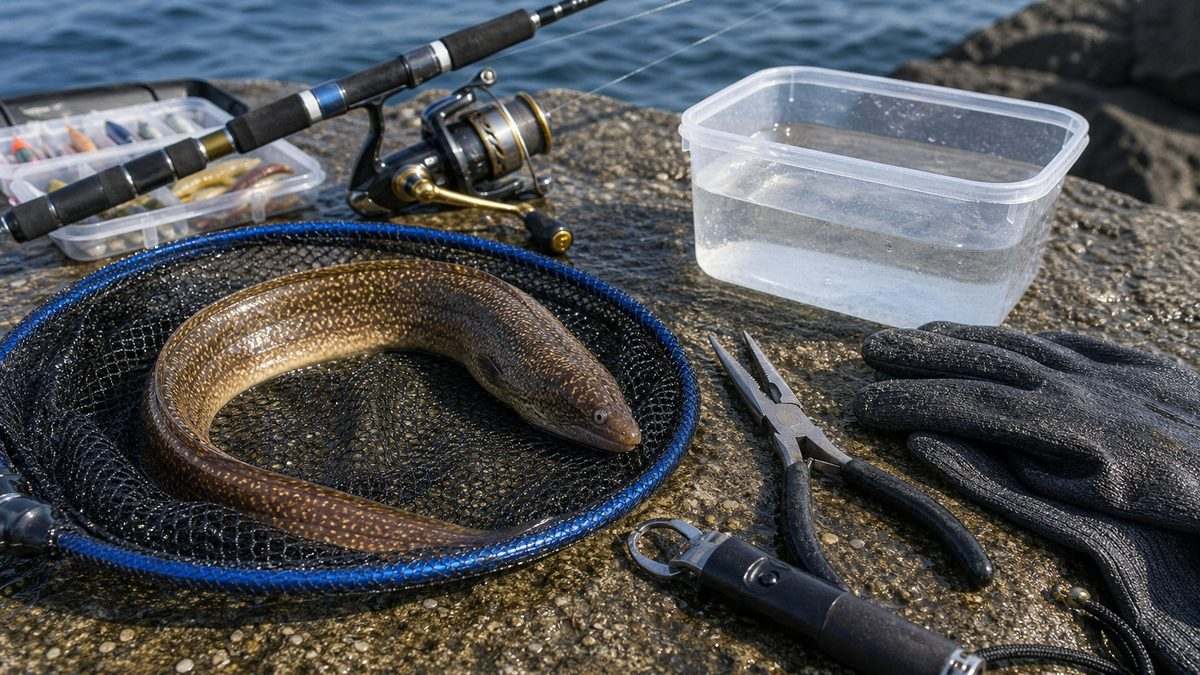 ウツボを釣り上げた時の安全な収容と道具のイメージ