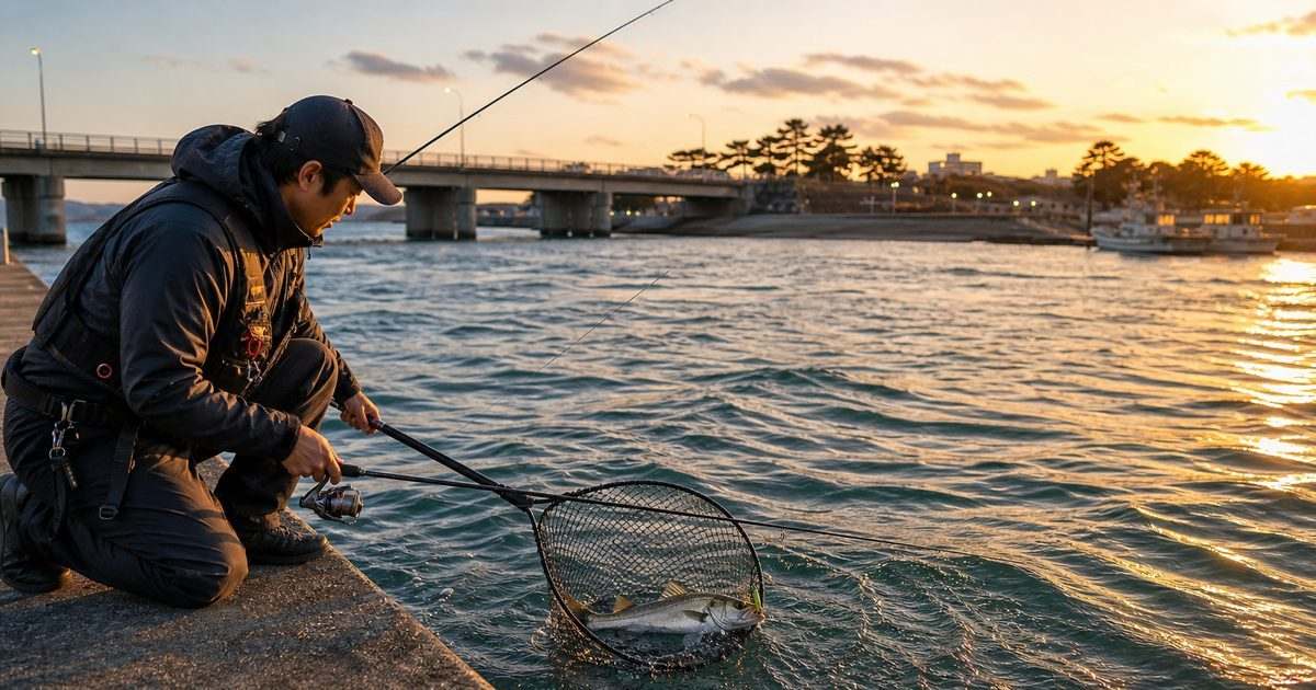 浜名湖の夕まずめにシーバスを丁寧にランディングする様子