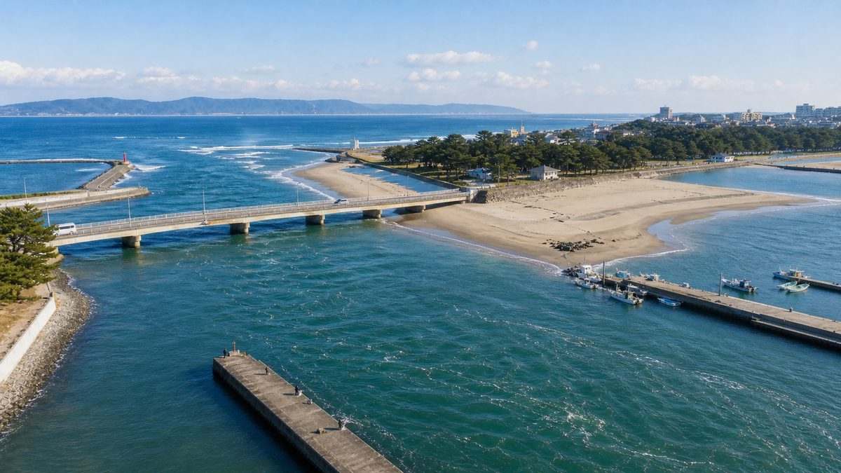 浜名湖南部エリアの地理的特徴の要点をまとめた釣り攻略インフォグラフィック