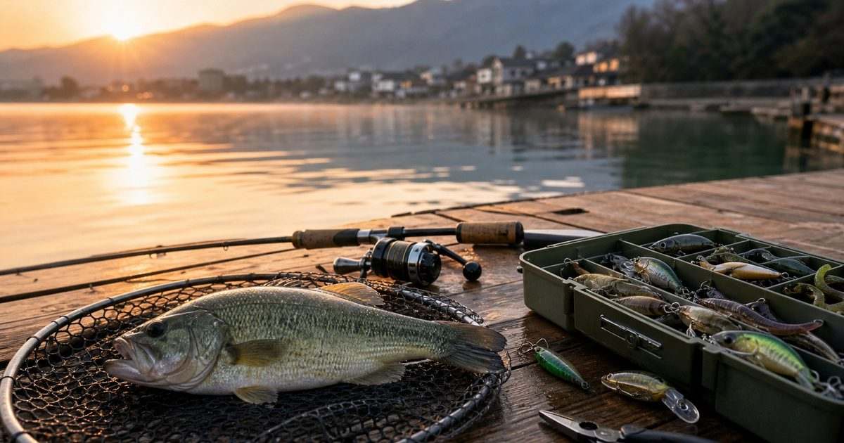 ブラックバス釣りと湖畔の釣具を写した実写風アイキャッチ