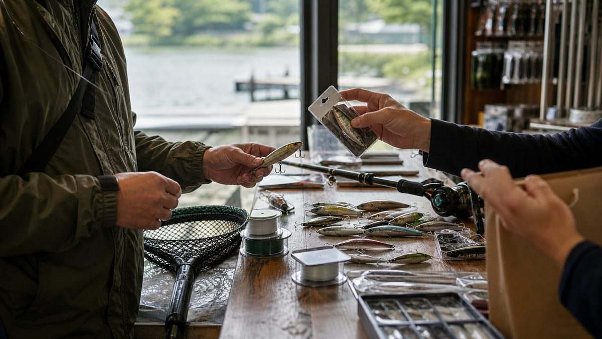 バス釣りの地域経済を支える釣具準備の実写風イメージ