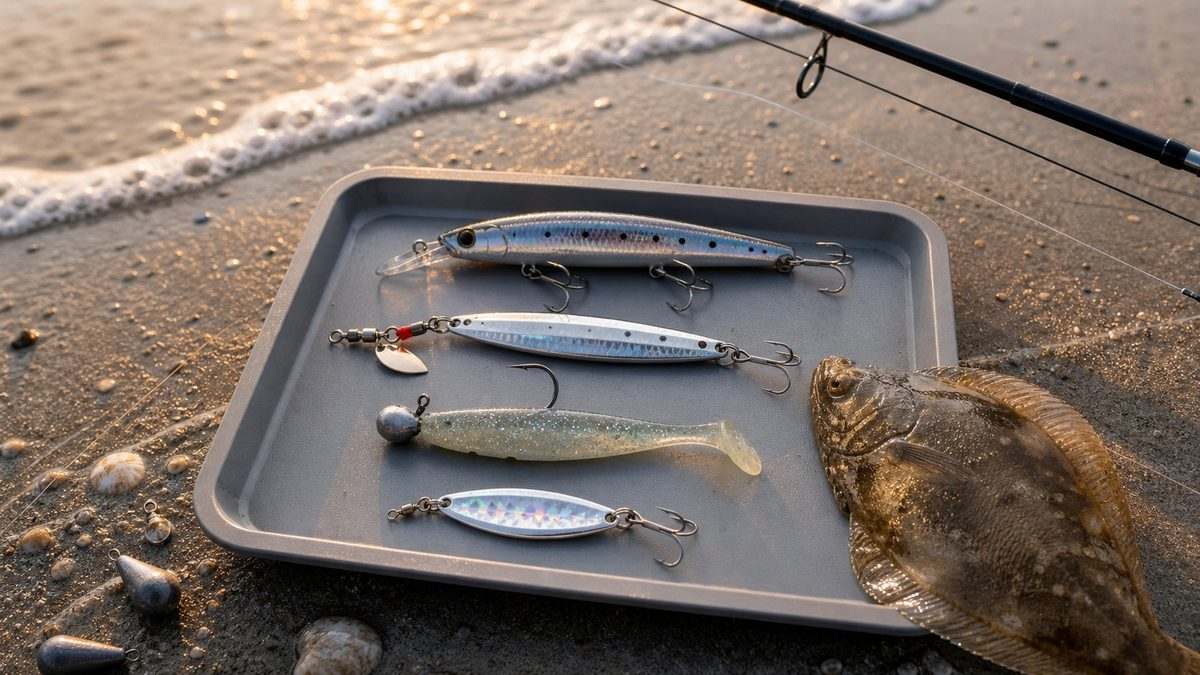 サーフヒラメ用ルアーの種類と使い分けを示す実写風イメージ