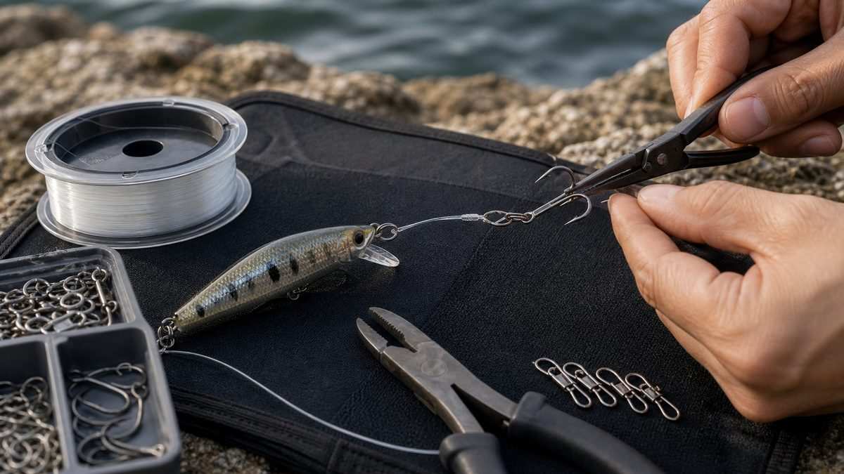 釣り糸とフックを調整して根がかり対策をする実写風イメージ