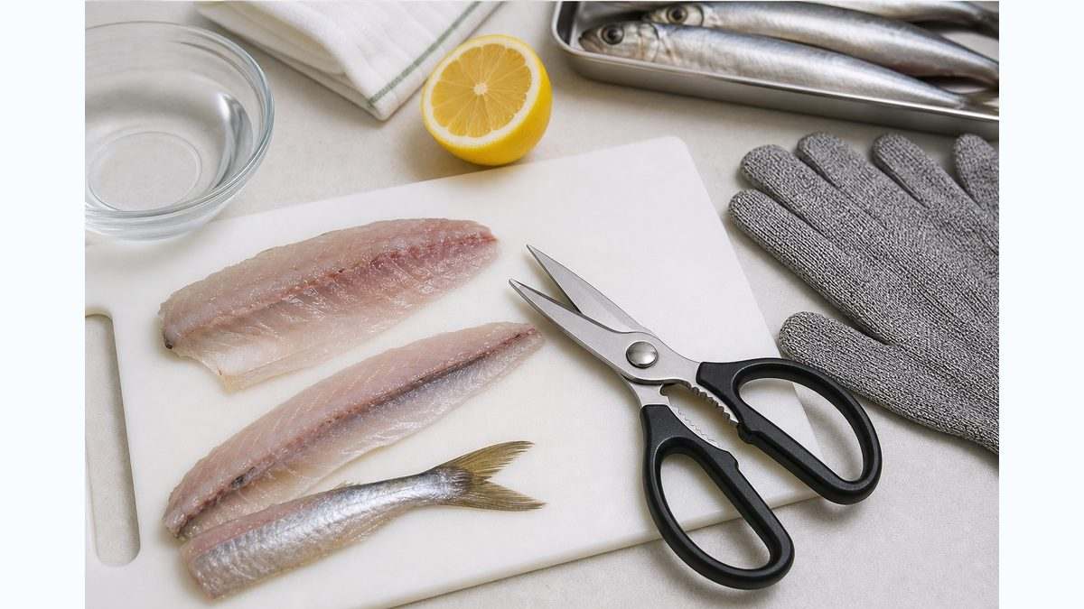 キッチンバサミと手袋で魚を安全に下処理するイメージ