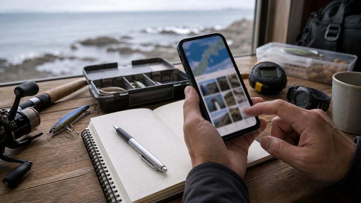 釣行ログをスマホで記録する準備の実写風イメージ