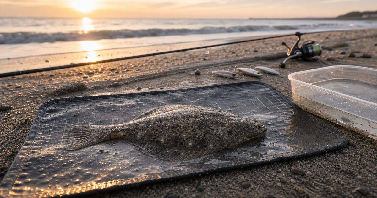 砂浜でヒラメを優しく測るリリース判断の写真