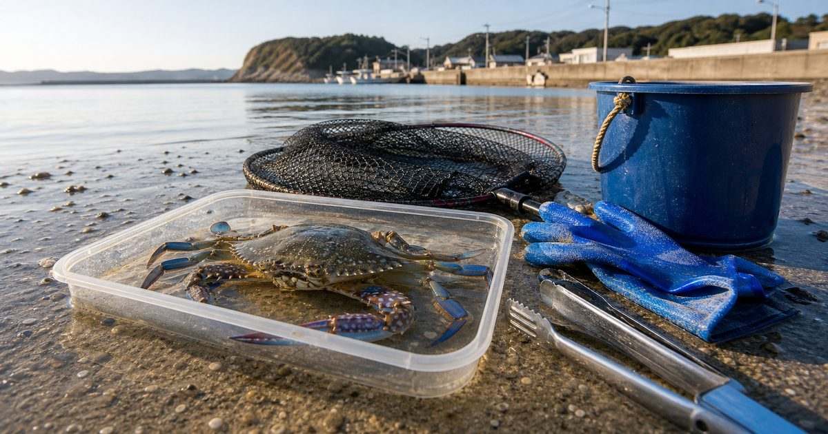砂浜で採集したガザミと捕獲道具