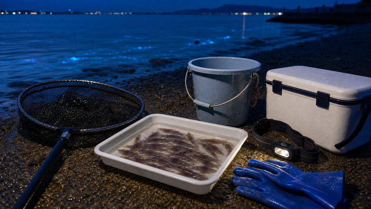 4,ホタルイカの捕獲方法についての要点をまとめた釣り攻略インフォグラフィック