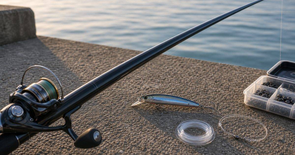海辺で準備したインターラインロッド風の釣り道具