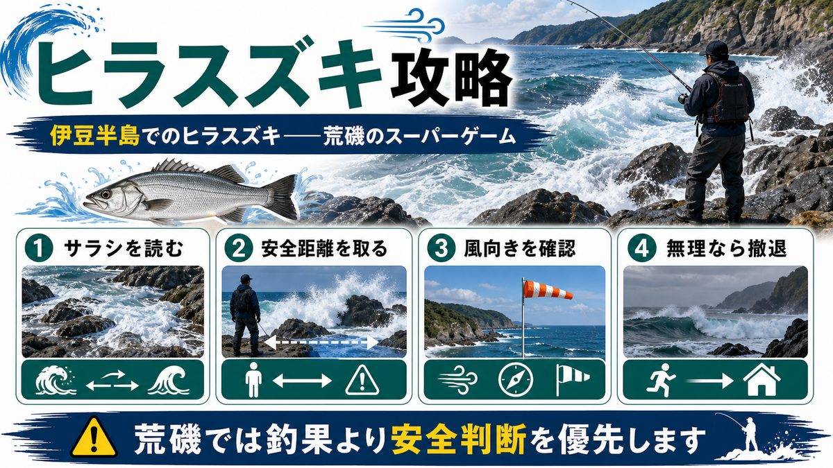 伊豆半島でのヒラスズキ——荒磯のスーパーゲームの要点をまとめた釣り攻略インフォグラフィック