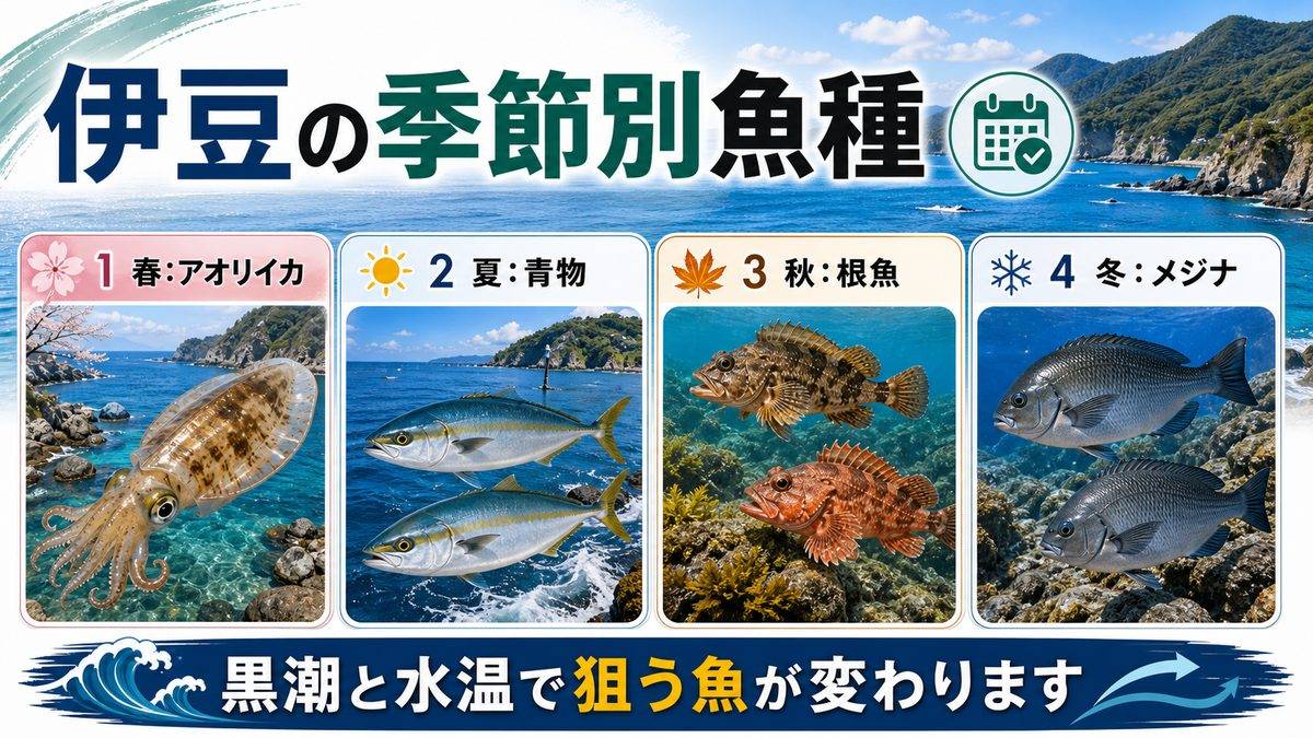 伊豆半島で釣れる魚種——季節別ガイドの要点をまとめた釣り攻略インフォグラフィック