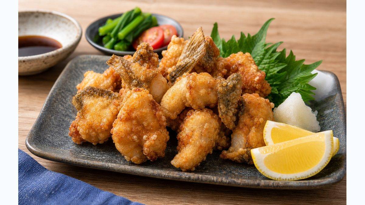 レシピ2：カサゴの唐揚げ（骨まで食べる揚げ方のコツ）の要点をまとめた釣り攻略インフォグラフィック