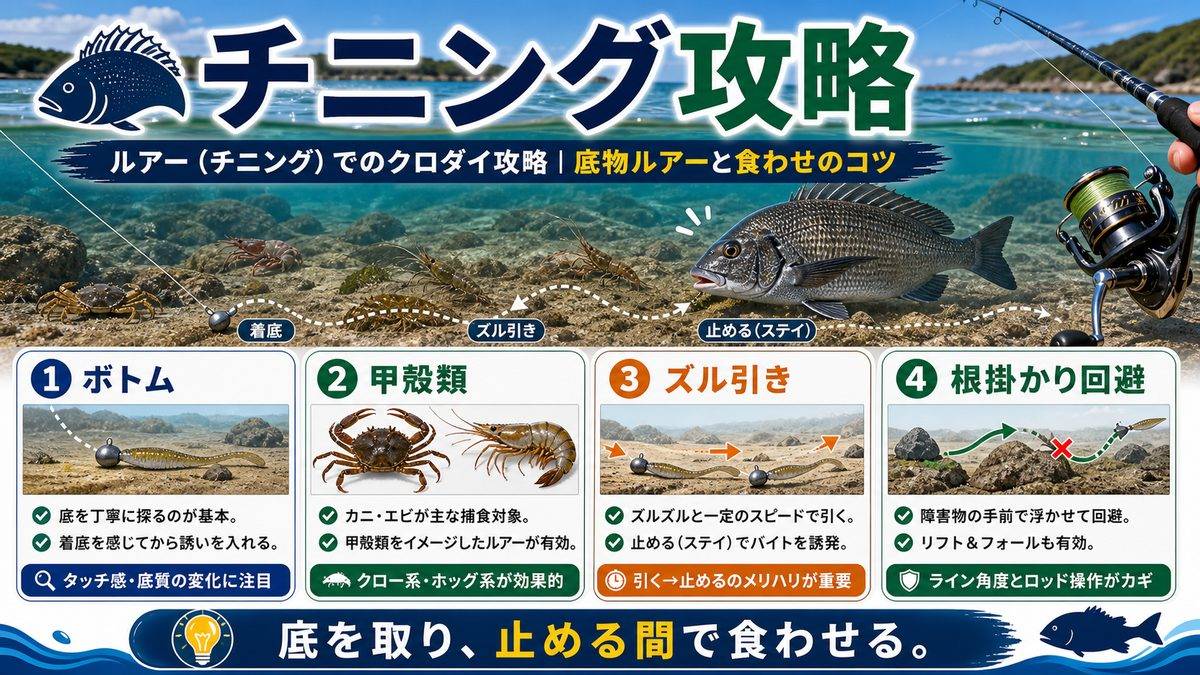 6. ルアー（チニング）でのクロダイ攻略｜底物ルアーと食わせのコツの要点をまとめた釣り攻略インフォグラフィック
