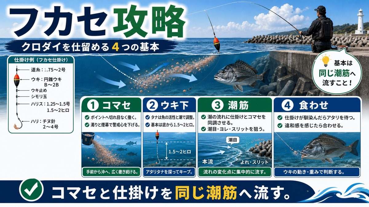 4. フカセ釣りでのクロダイ攻略｜コマセワーク・仕掛け・ウキの要点をまとめた釣り攻略インフォグラフィック