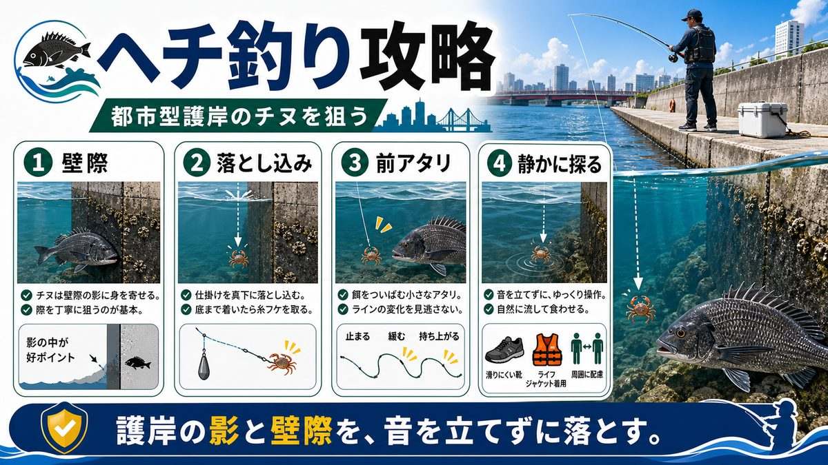 5. ヘチ釣り・落とし込み釣りの攻略法｜都市型護岸のチヌを狙うの要点をまとめた釣り攻略インフォグラフィック