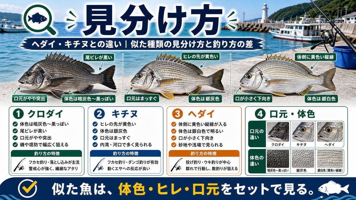 8. ヘダイ・キチヌとの違い｜似た種類の見分け方と釣り方の差の要点をまとめた釣り攻略インフォグラフィック