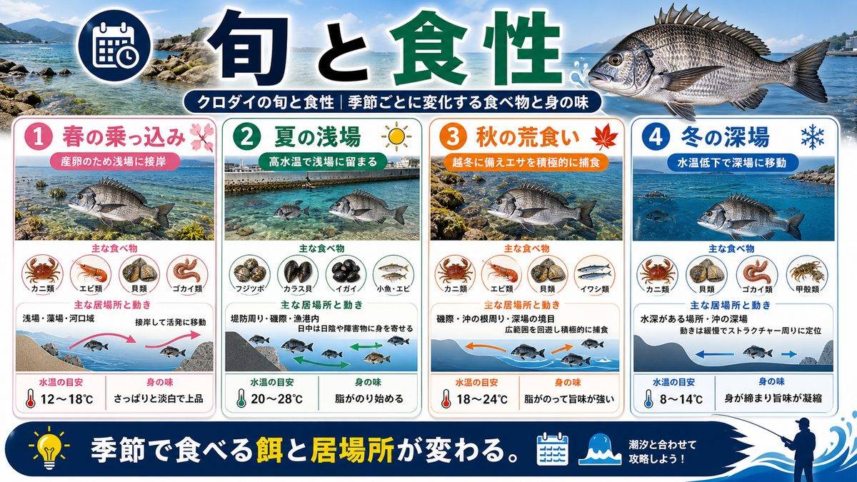 3. クロダイの旬と食性｜季節ごとに変化する食べ物と身の味の要点をまとめた釣り攻略インフォグラフィック