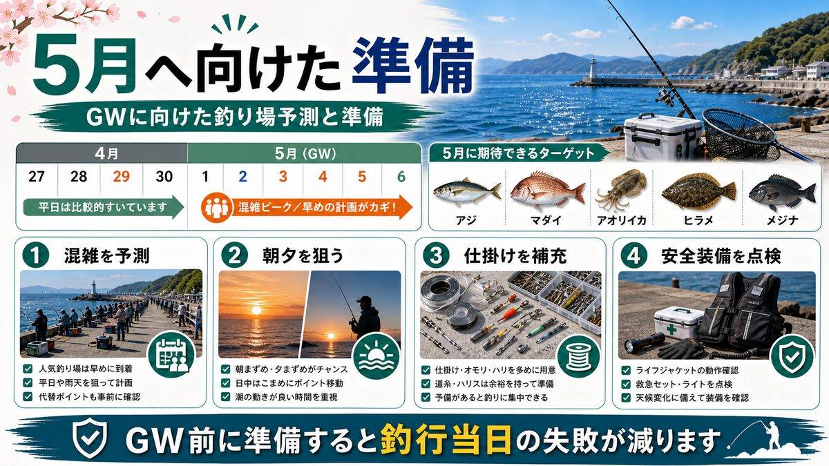 5月の展望：GWに向けた釣り場予測と準備の要点をまとめた釣り攻略インフォグラフィック