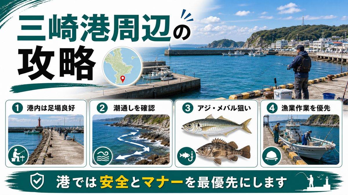 三浦半島南端エリア（三崎港周辺）の釣り場の要点をまとめた釣り攻略インフォグラフィック