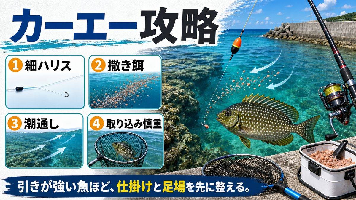 5. カーエー（ゴマアイゴ）の釣り方とフカセ攻略の要点をまとめた釣り攻略インフォグラフィック