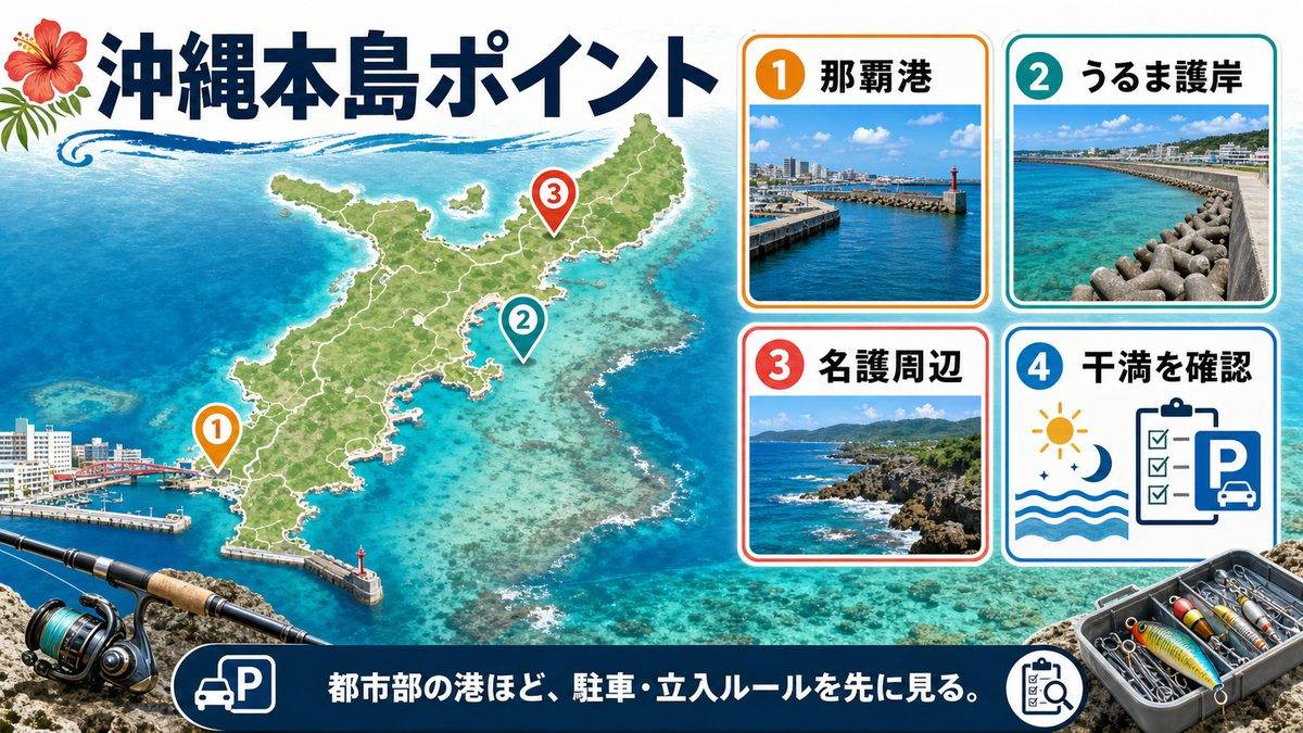2. 沖縄本島の釣りスポット｜那覇・うるま市・名護の堤防・磯の要点をまとめた釣り攻略インフォグラフィック
