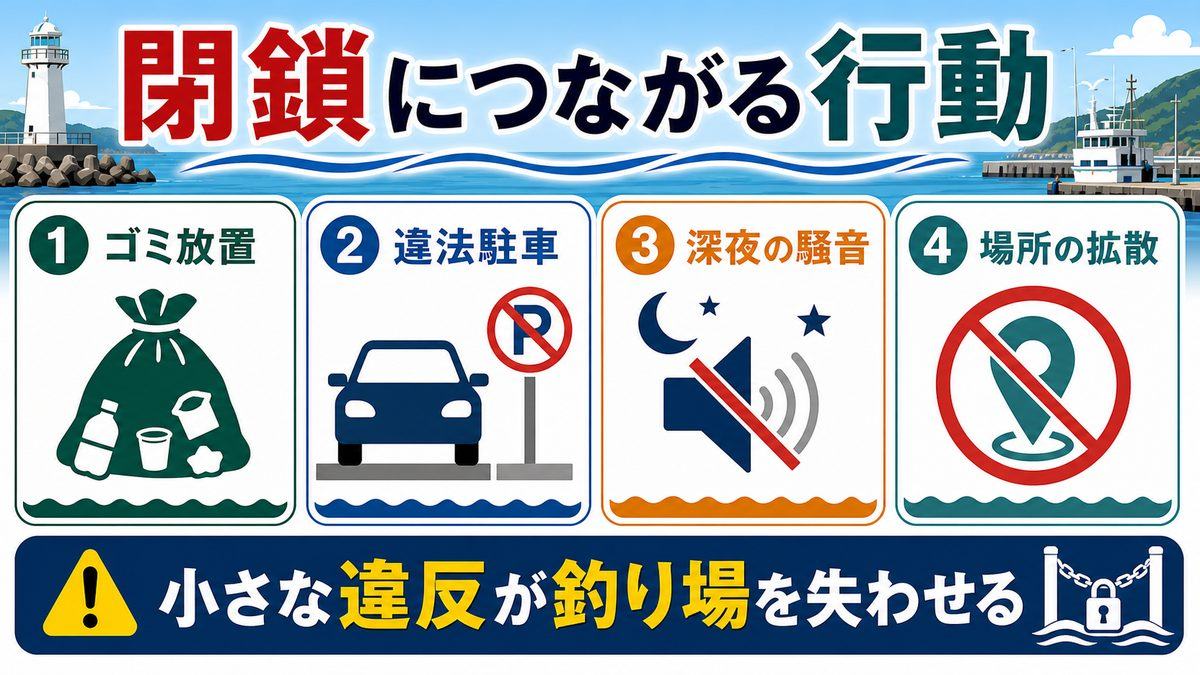 マナー違反の具体例とその影響｜なぜ規制強化が止まらないのかの要点をまとめた釣り攻略インフォグラフィック