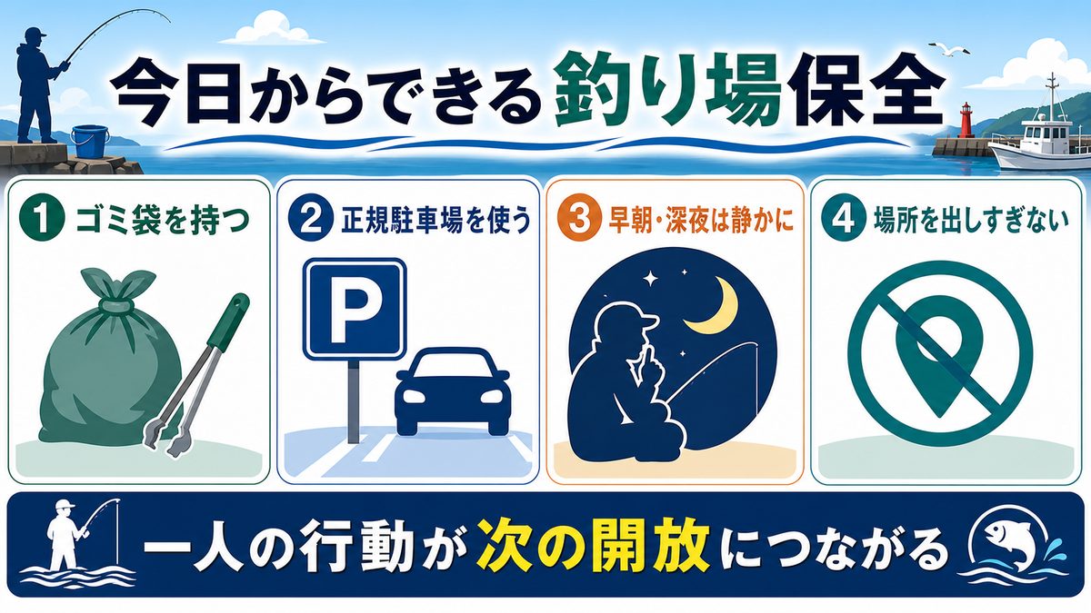 釣り人ができるマナー向上と具体的な取り組みの要点をまとめた釣り攻略インフォグラフィック