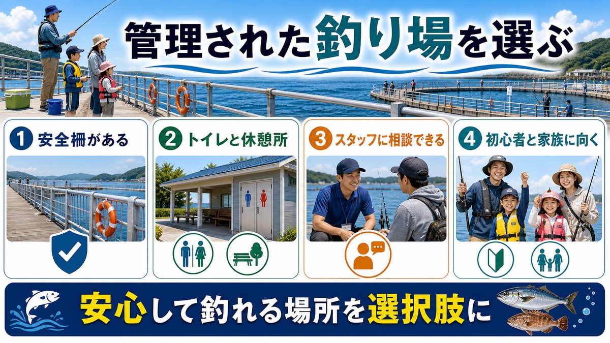 海釣り公園・管理釣り場の活用｜安全に釣りを楽しむ選択肢の要点をまとめた釣り攻略インフォグラフィック