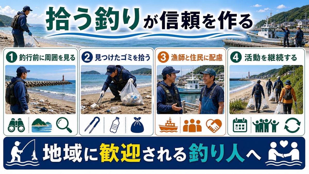 ゴミ拾い活動と地域との共生｜全国の成功事例に学ぶの要点をまとめた釣り攻略インフォグラフィック
