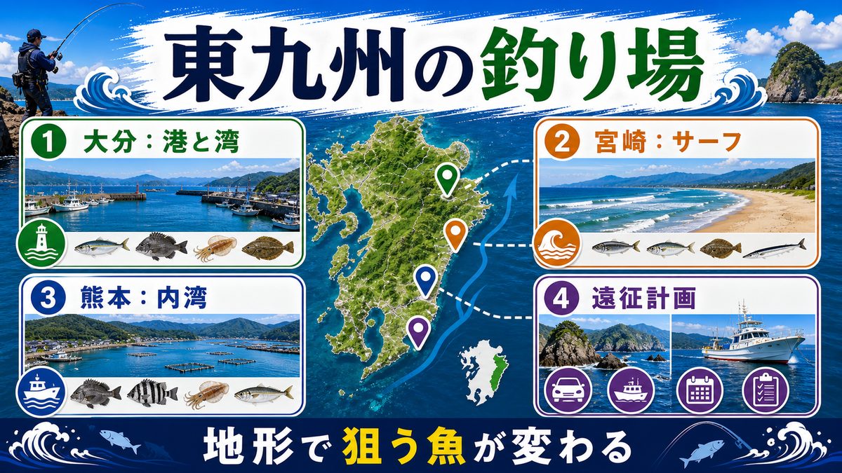 大分・宮崎・熊本の注目ポイントの要点をまとめた釣り攻略インフォグラフィック