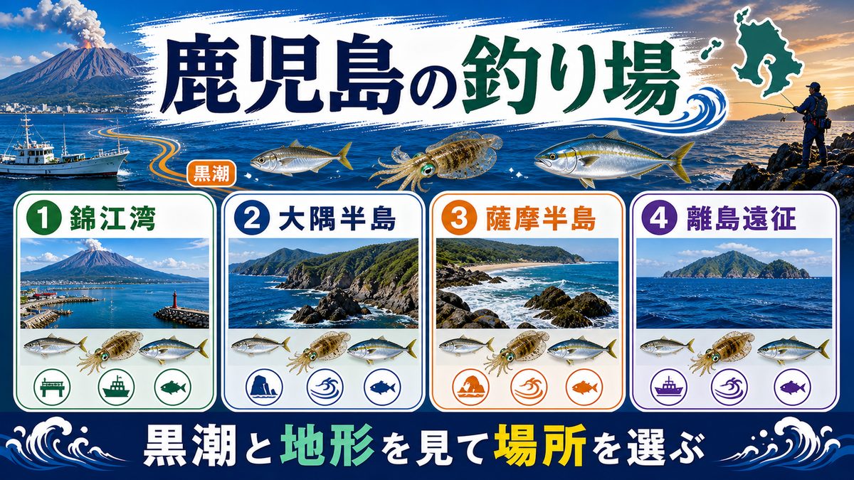 鹿児島エリアの海釣りスポットの要点をまとめた釣り攻略インフォグラフィック