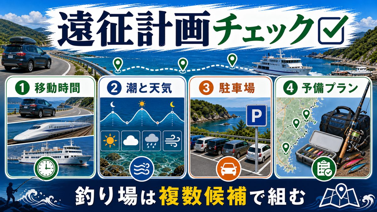 アクセス情報と遠征計画の立て方の要点をまとめた釣り攻略インフォグラフィック