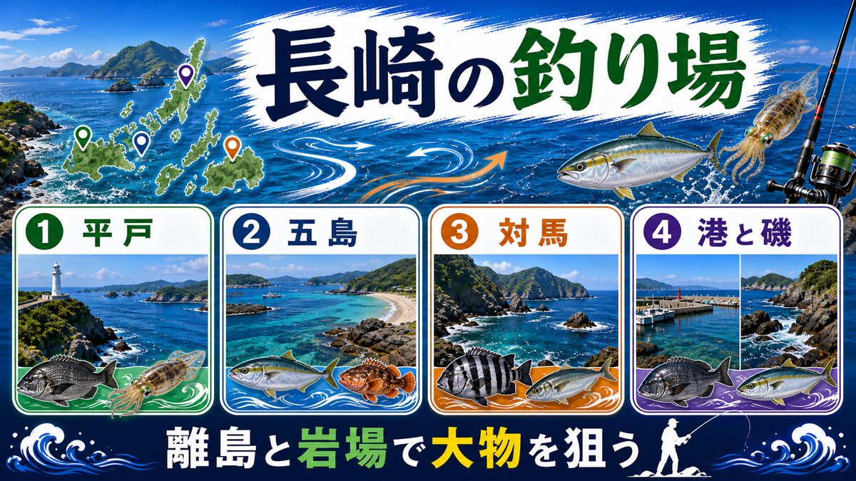 長崎エリアの海釣りスポットの要点をまとめた釣り攻略インフォグラフィック