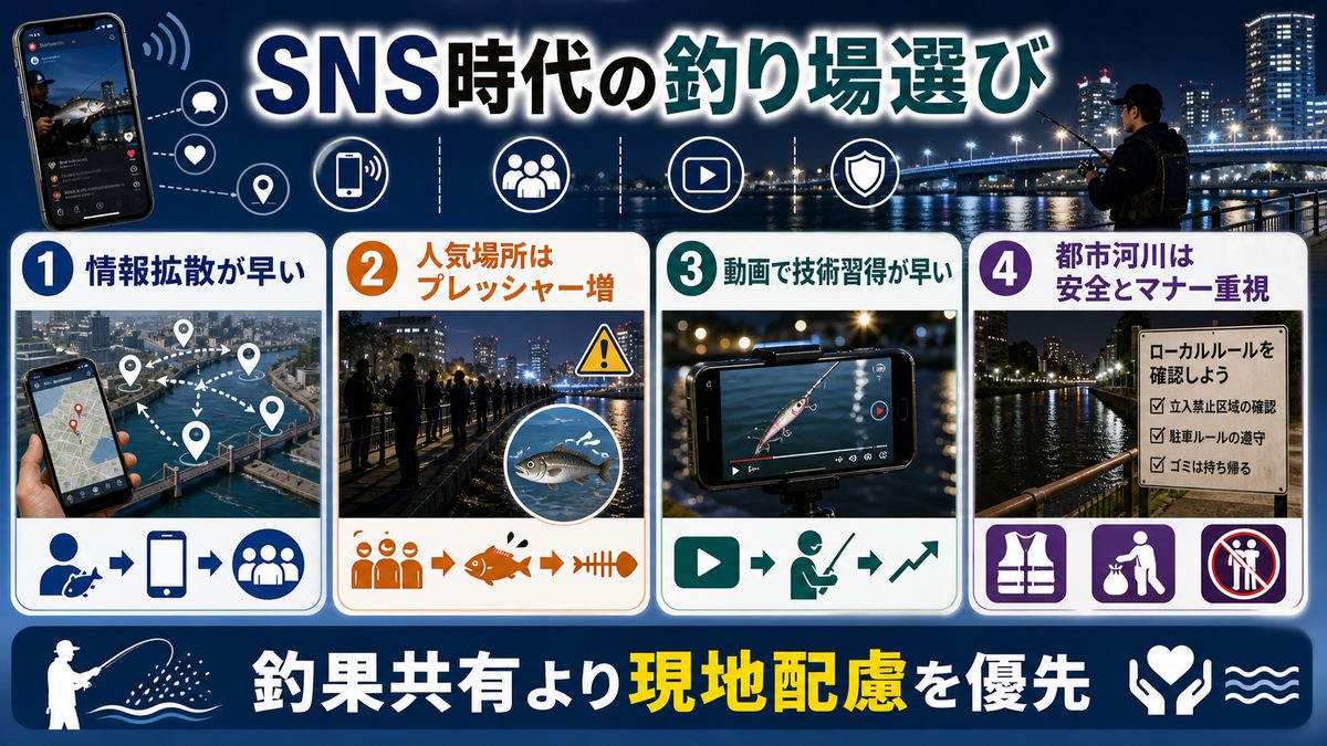SNS・YouTubeがシーバス釣り文化に与えた影響の要点をまとめた釣り攻略インフォグラフィック
