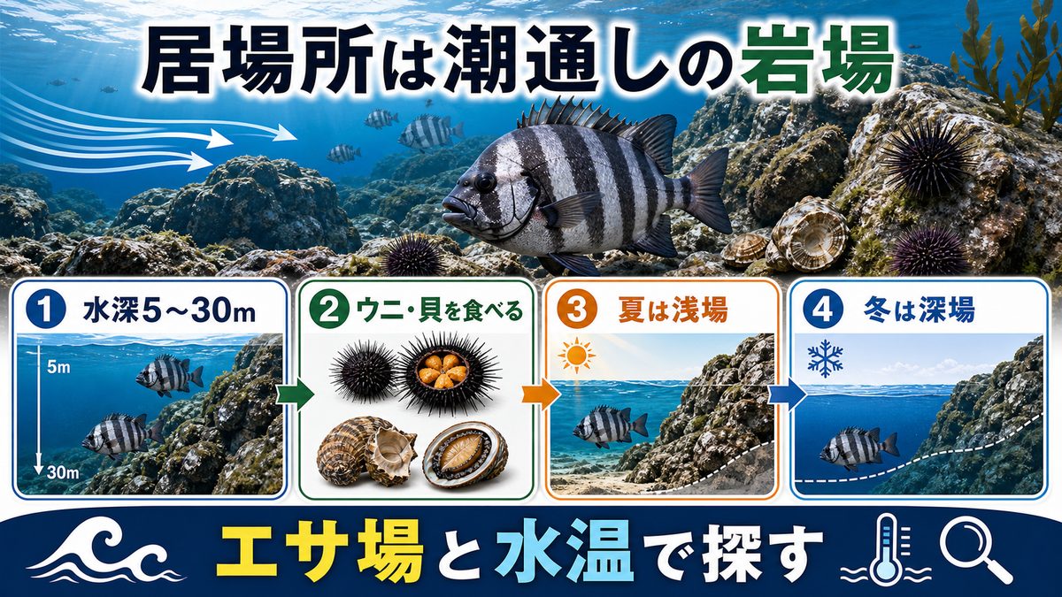イシダイの生態と生息環境の要点をまとめた釣り攻略インフォグラフィック