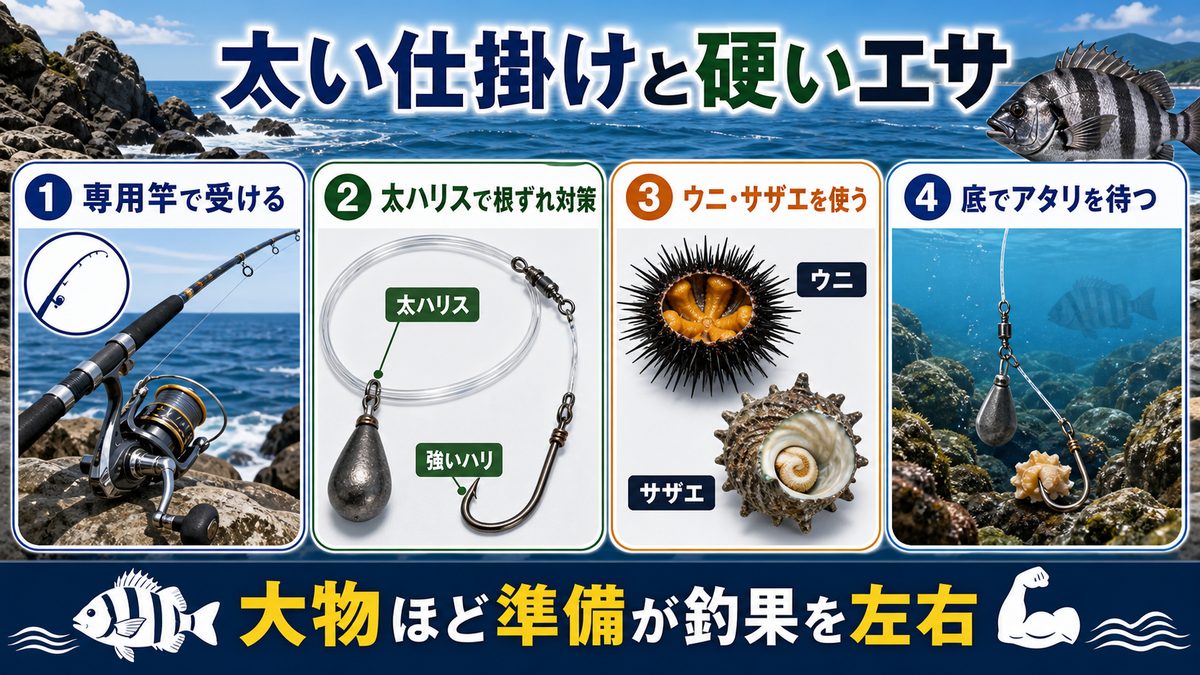 イシダイ釣りの仕掛けとエサの要点をまとめた釣り攻略インフォグラフィック