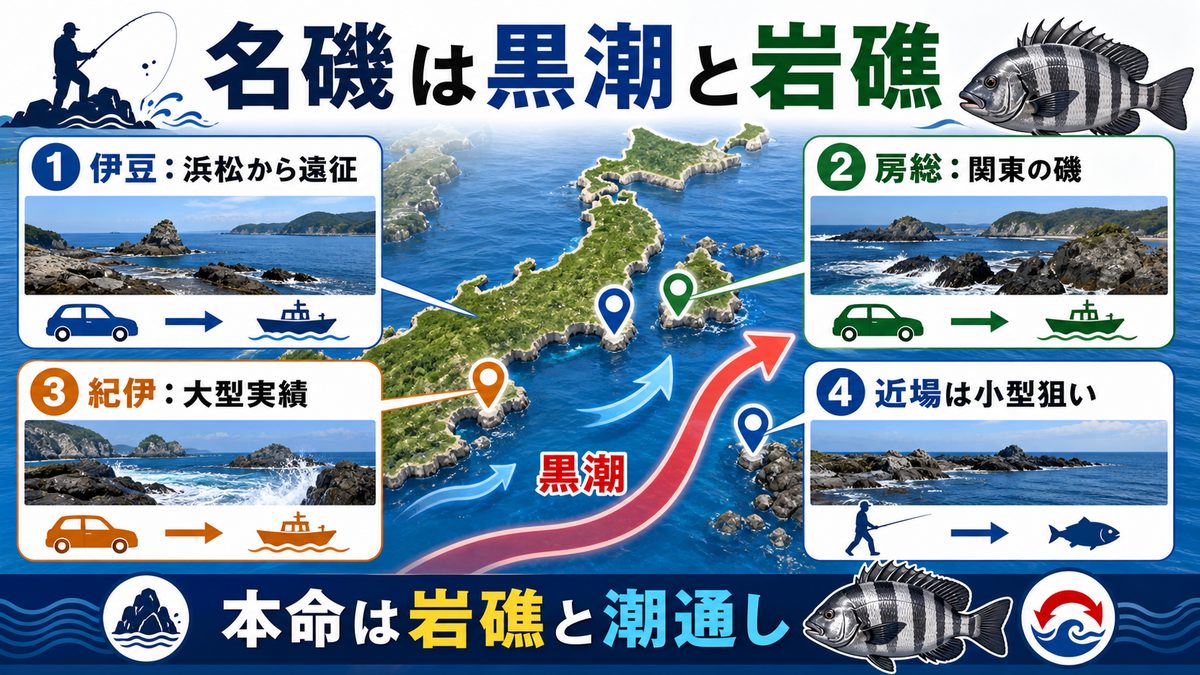 イシダイ釣りの聖地と釣行情報の要点をまとめた釣り攻略インフォグラフィック